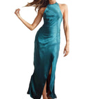 Damen Satin Maxikleid asymmetrisch mit Beinschlitz