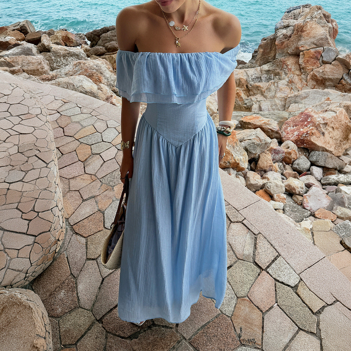 Damen Off-Shoulder Maxikleid mit fließendem Schnitt und Rüschendetails R&B