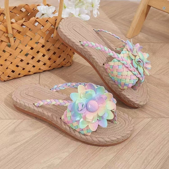Damen modische Slide-Sandalen mit hochglänzendem Blumendetail R&B