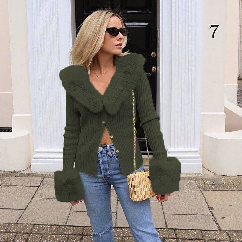 Damen Strickjacke mit luxuriösem Pelzkragen und modischen Puffärmeln R&B