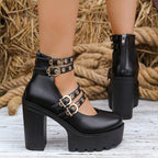 Damen Plateau-Stiefeletten mit verstellbaren Riemen und goldenen Schmuckdetails R&B