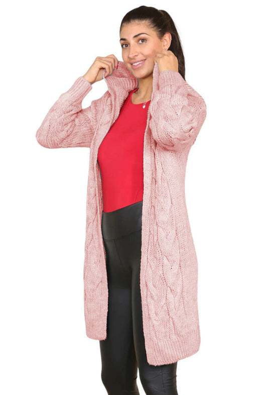 Damen Langer Strickmantel mit elegantem Zopfmuster und Kapuze R&B