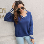 Damen Lässiger Pullover mit V-Ausschnitt und gestreiften Ärmelabschlüssen R&B