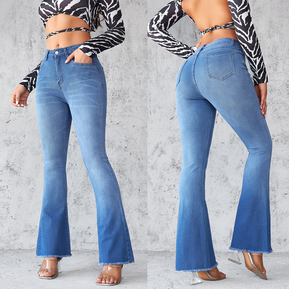 Damen Schlagjeans mit hohem Bund und modischen Fransen R&B