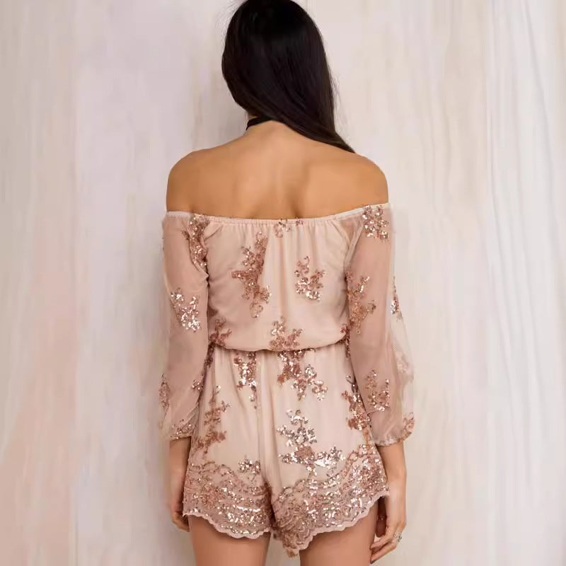 Damen Elegantes Playsuit mit floralen Paillettenverzierungen und off-shoulder Design R&B