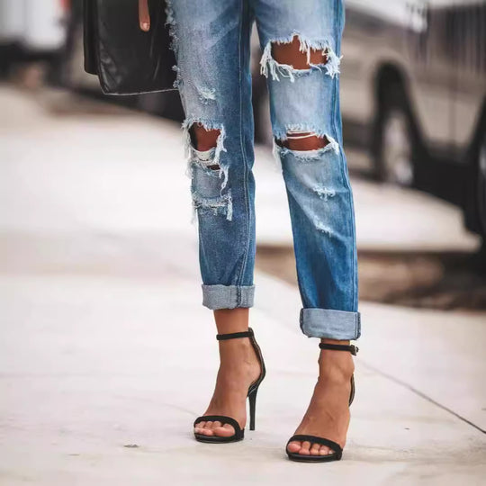 Damen Destroyed Boyfriend Jeans im lässigen Stil mit hohen Rissdetails R&B