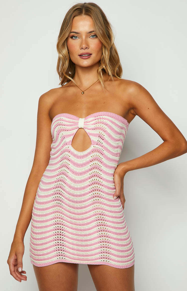 Damen trendiges Mini-Kleid mit offenem Ausschnitt und Wellenmuster R&B