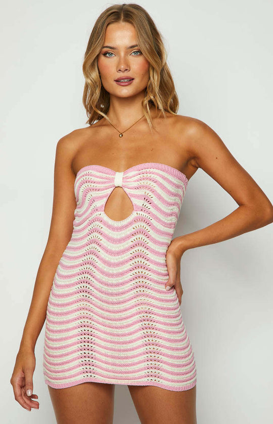Damen trendiges Mini-Kleid mit offenem Ausschnitt und Wellenmuster R&B