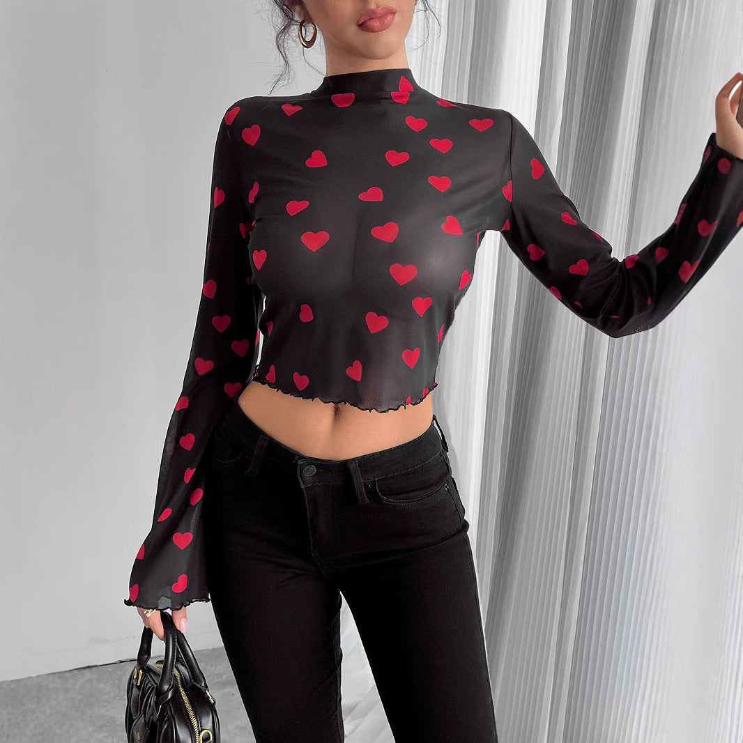 Damen nan transparentes Paisley-Netz-Kurzoberteil mit Stehkragen, Trompetenärmeln und gewelltem Saum R&B