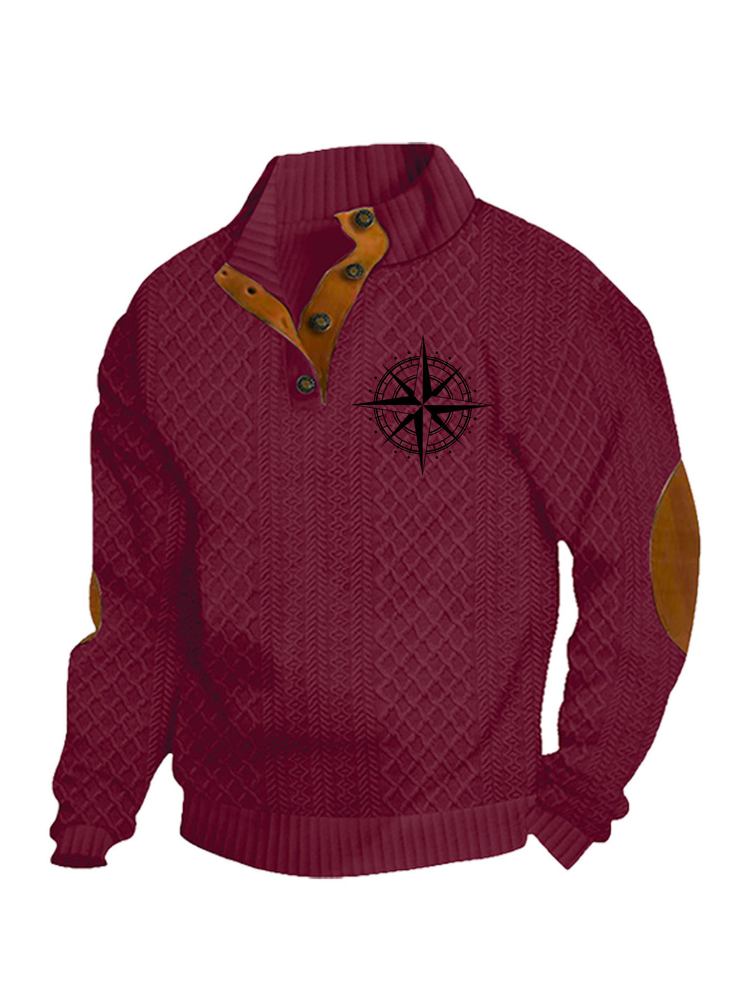 Herren nan Heritage-Strukturpullover mit Stehkragen Lederimitat-Besatz Ellenbogen-Patches und Halbknopfleiste R&B