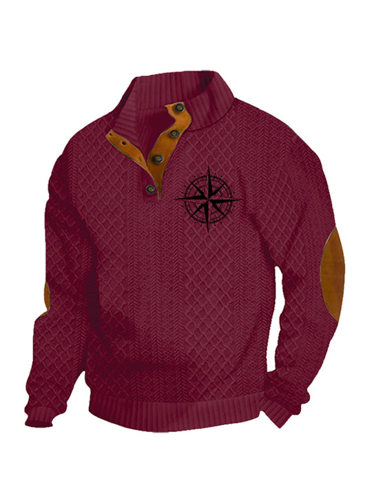 Herren nan Heritage-Strukturpullover mit Stehkragen Lederimitat-Besatz Ellenbogen-Patches und Halbknopfleiste R&B
