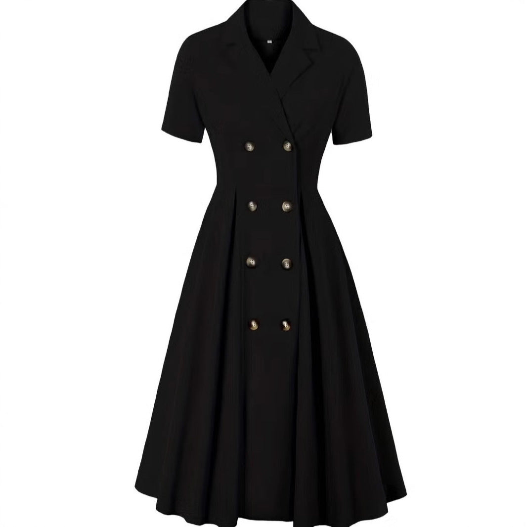 Damen elegantes Midikleid mit doppelter Knopfleiste und schwingendem Rock R&B