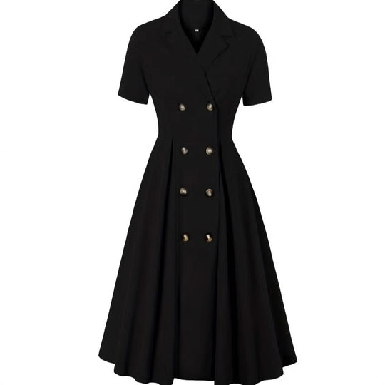 Damen elegantes Midikleid mit doppelter Knopfleiste und schwingendem Rock R&B