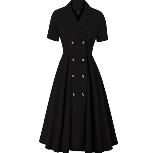 Damen elegantes Midikleid mit doppelter Knopfleiste und schwingendem Rock R&B