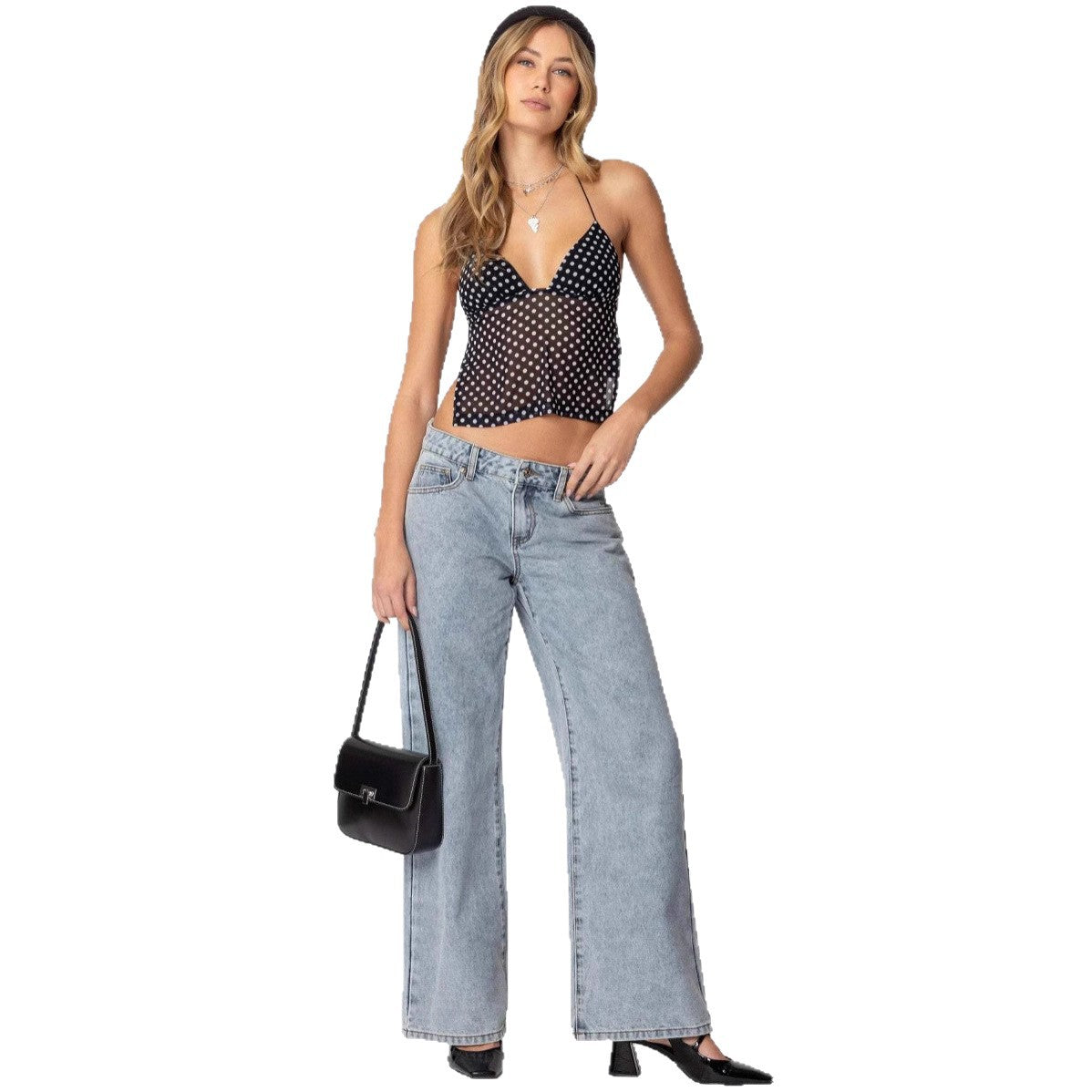 Damen Transparente Bluse mit Punktmuster und dehnten Trägern R&B