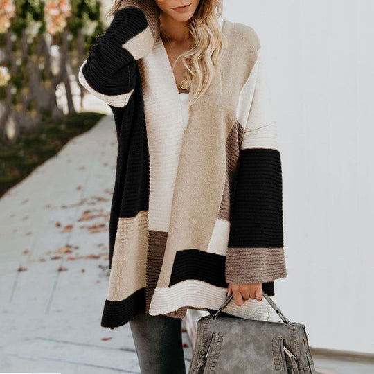 Damen lässige Strickjacke mit modischem Streifenmuster R&B