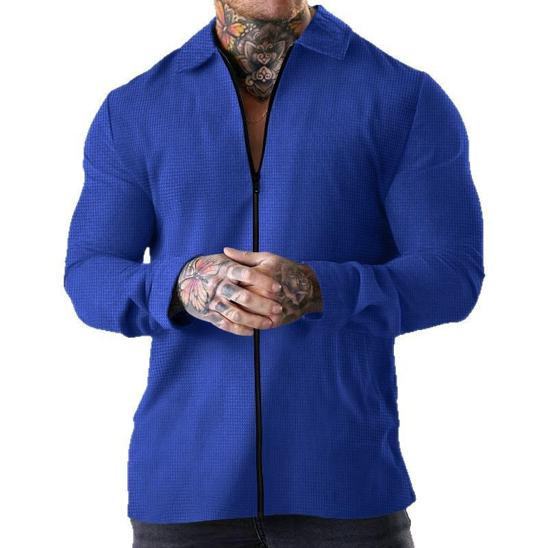 Herren nan strukturierte Zip-Hemdjacke aus Waffelstrick mit Kentkragen und schmaler Silhouette R&B