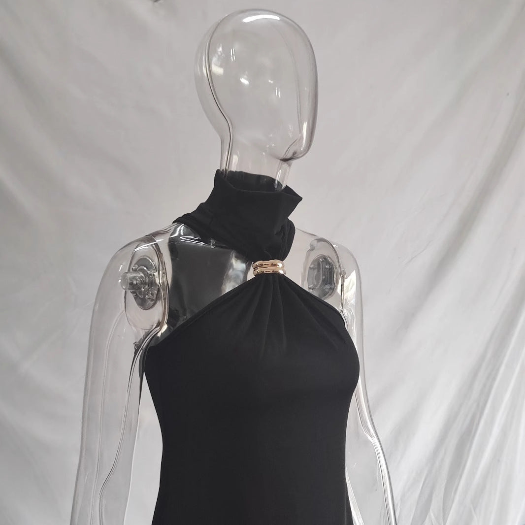 Damen elegantes Minikleid mit hohem Kragen und Details aus satinierter Textur R&B