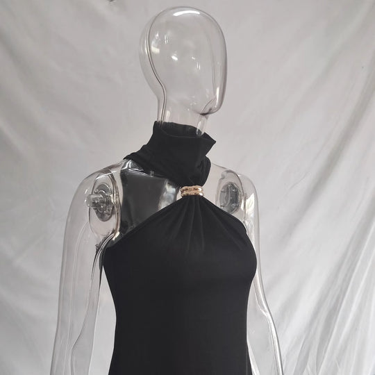 Damen elegantes Minikleid mit hohem Kragen und Details aus satinierter Textur R&B