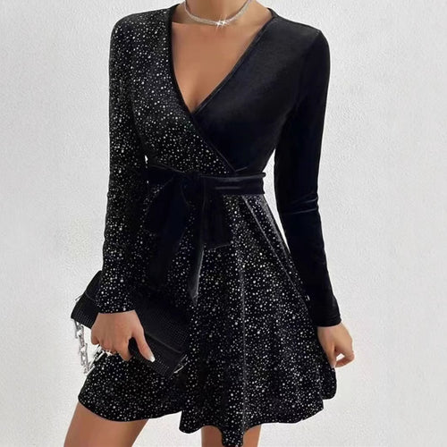 Damen Cocktailkleid mit glitzernden Akzenten und Wickeldesign R&B