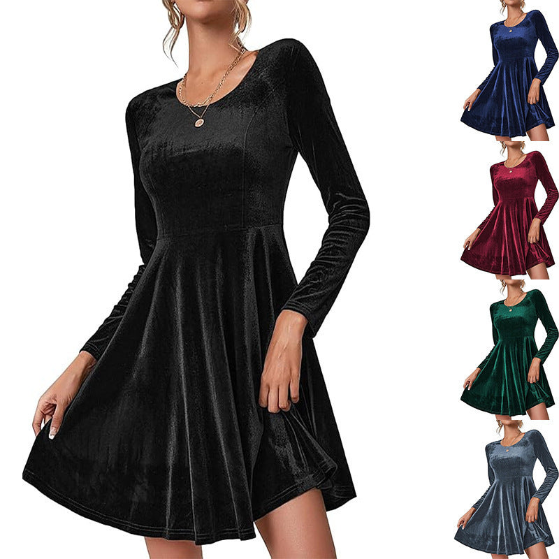 Damen Elegantes Samtkleid mit geschwungenem Saum und langen Ärmeln R&B