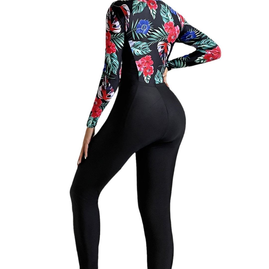 Damen sportlicher Langarm-Schwimmanzug mit farbenfrohen Blumenmuster R&B