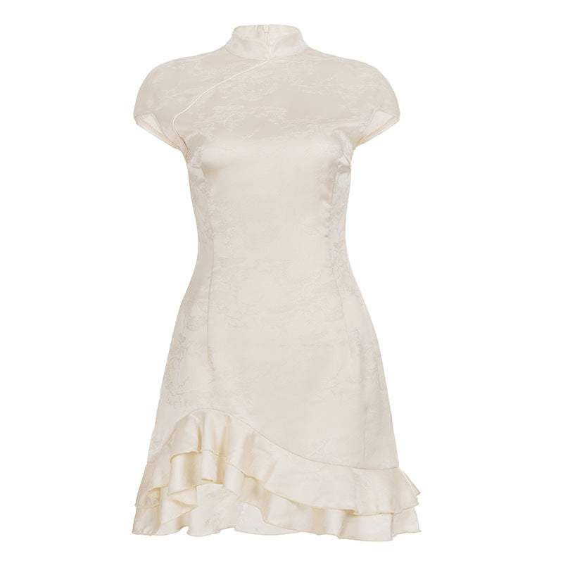 Damen elegantes Wickelkleid mit romantischem Rüschensaum und hohem Kragen R&B