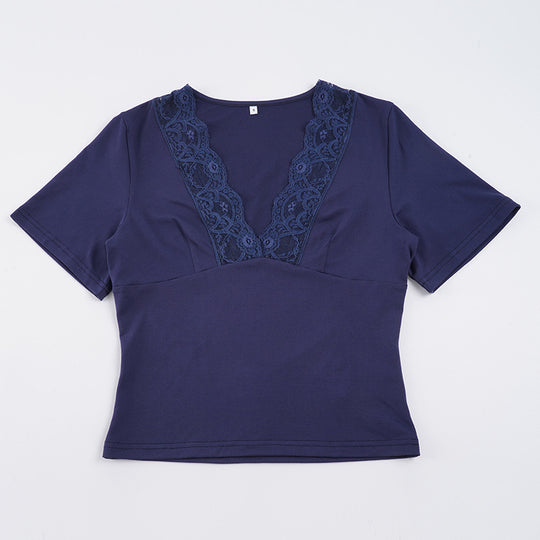 Damen elegantes Oberteil mit spitzen V-Ausschnitt und kurzen Ärmeln R&B
