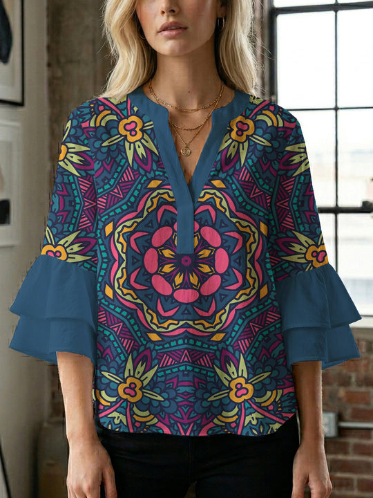 Damen elegantes Blusenshirt mit voluminösen Rüsenärmeln und grafischem Blumendesign R&B