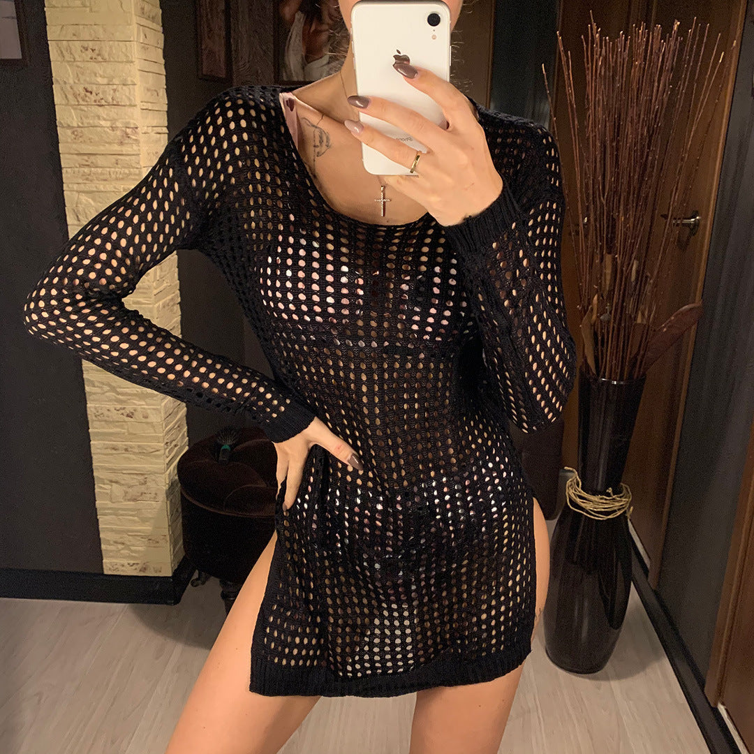 Damen gestricktes Netzkleid mit langem Arm und seitlichen Schlitzen R&B