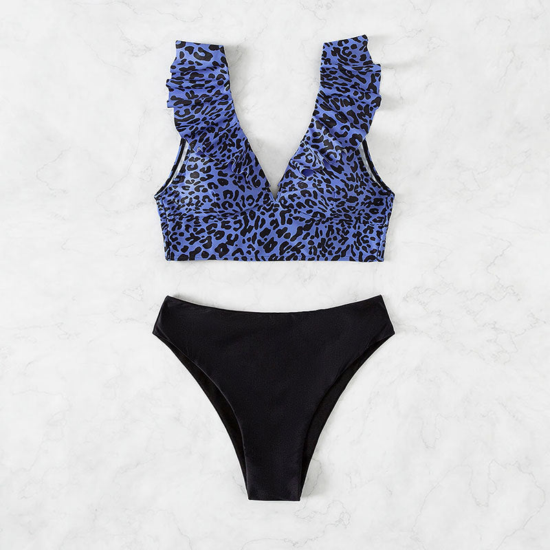 Damen Triangel-Bikini mit modischem Leopardenmuster und Rüschendetails R&B