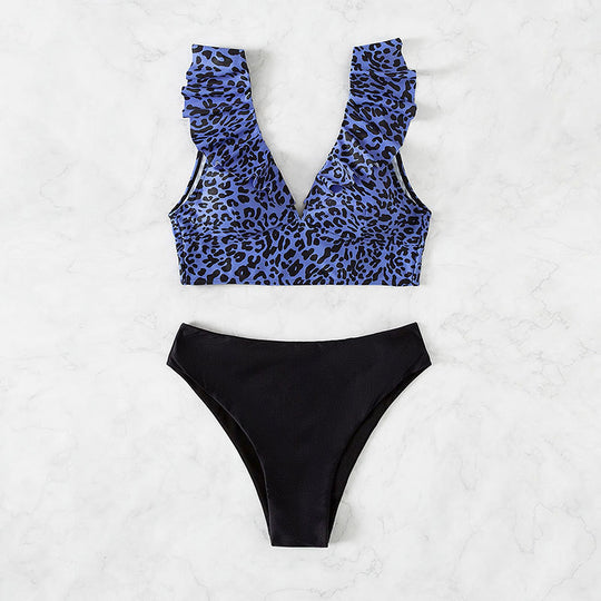 Damen Triangel-Bikini mit modischem Leopardenmuster und Rüschendetails R&B