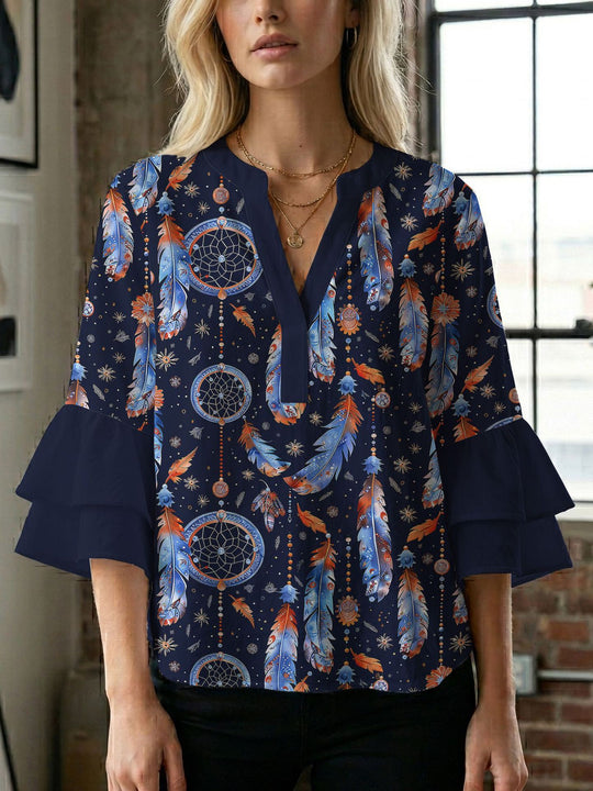 Damen Blusenshirt mit voluminösen Ärmeln und kreativem Druckdesign R&B