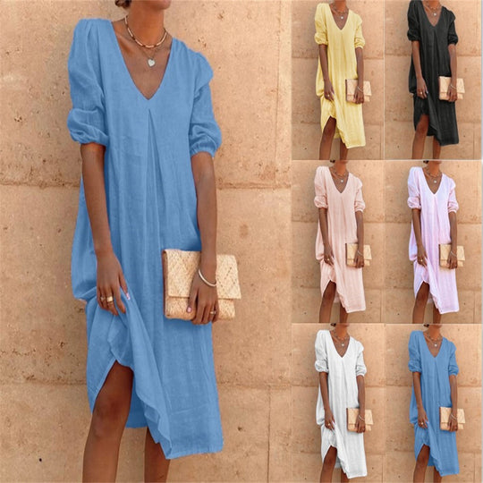 Damen lässiges Leinenkleid mit V-Ausschnitt und Puffärmeln R&B