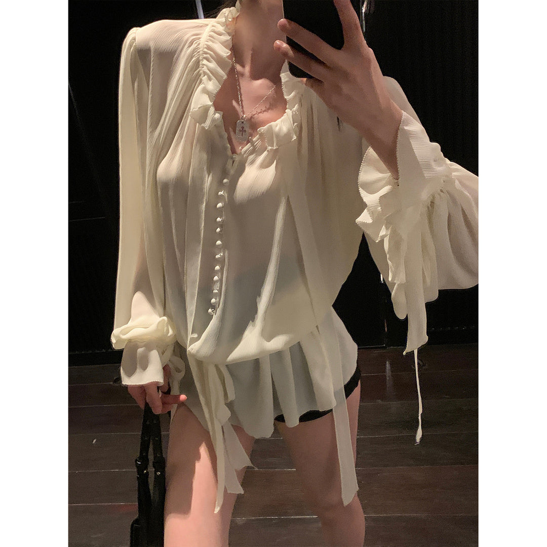Damen hochtrasparentes Blusenshirt mit voluminösen Ärmeln R&B
