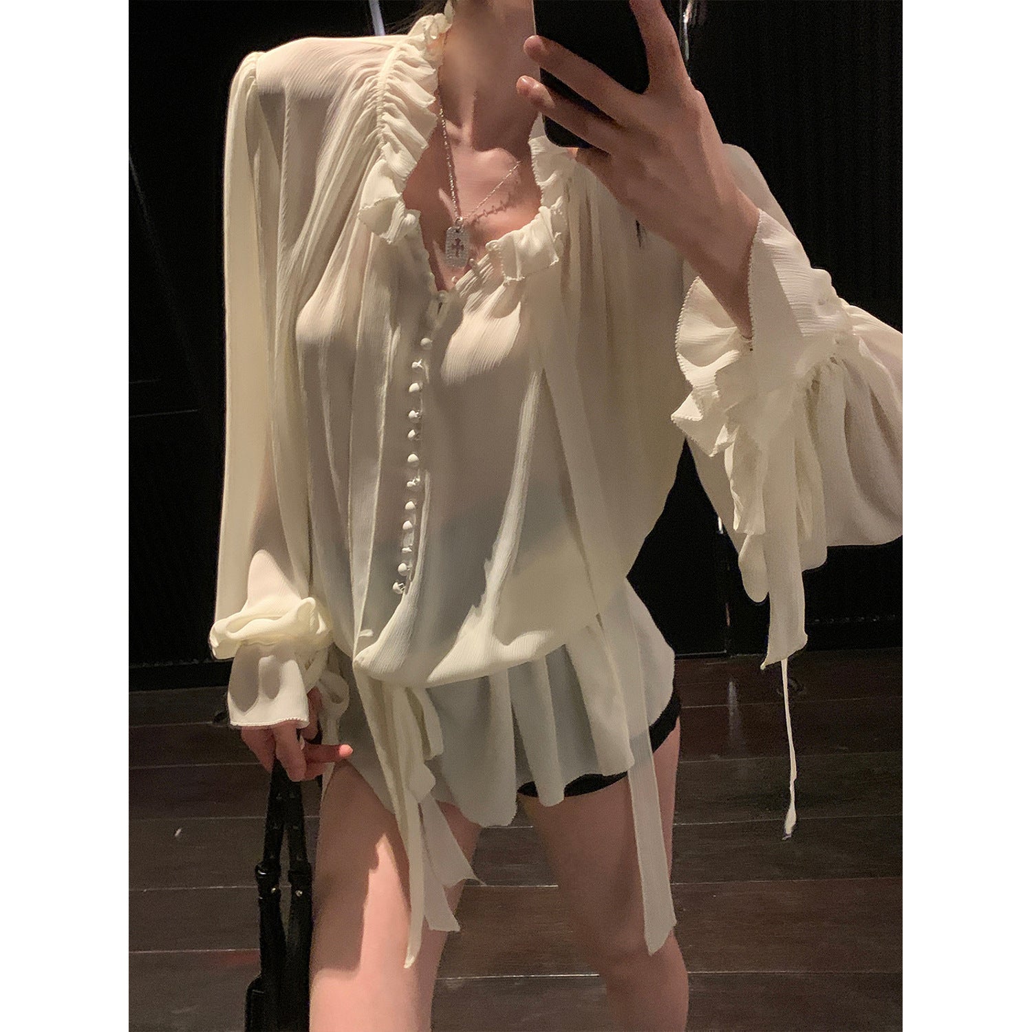Damen hochtrasparentes Blusenshirt mit voluminösen Ärmeln R&B