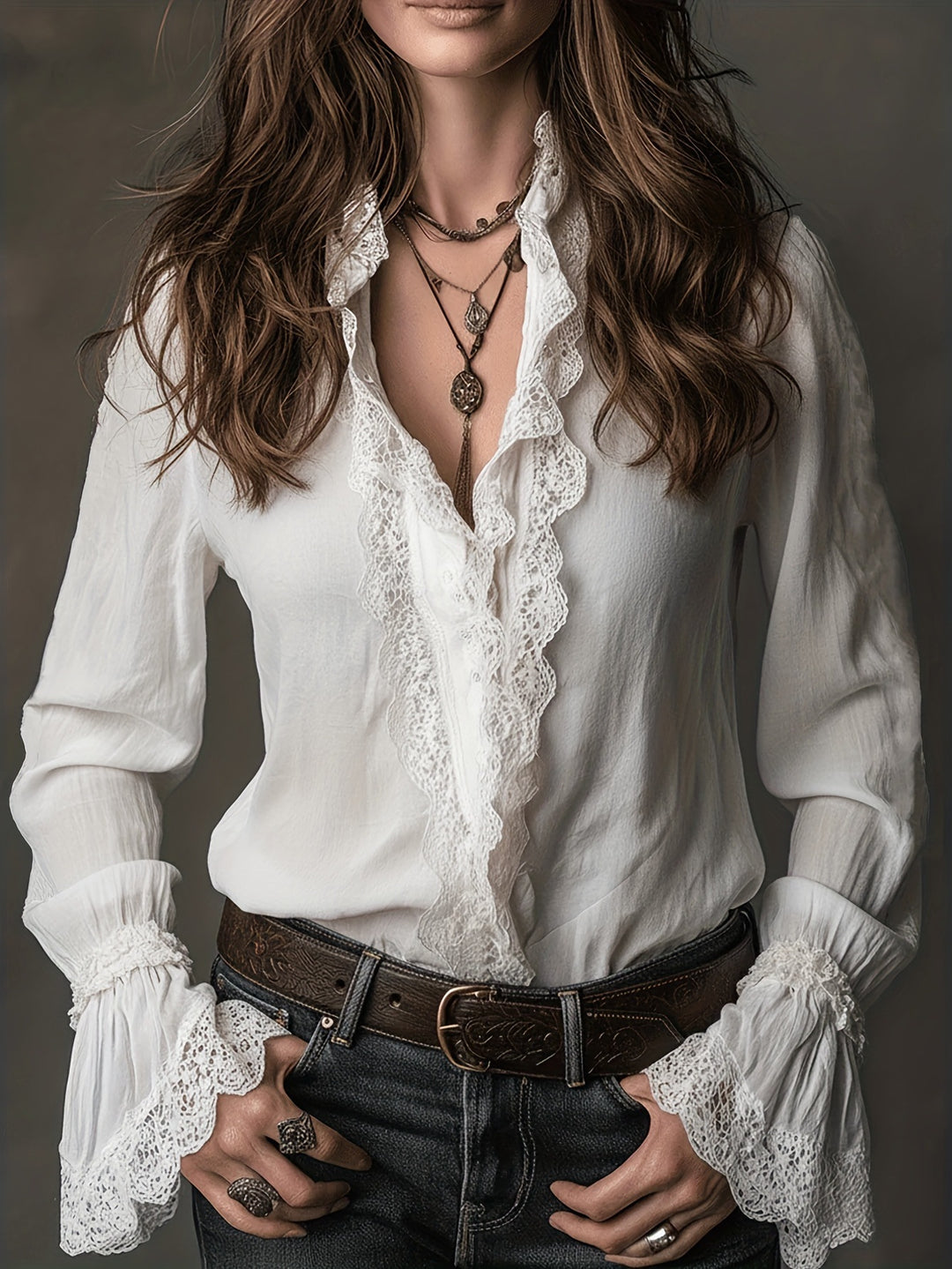 Damen elegante Bluse mit Rüschendetails und Spitzenbesatz R&B