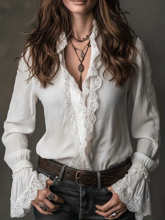 Damen elegante Bluse mit Rüschendetails und Spitzenbesatz R&B