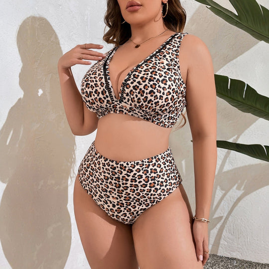Damen Hochtaillierter Bikini mit modischem Leomuster R&B