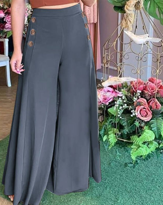 Damen Palazzo-Hosen mit dekorativen Knopfdetails und weitem Bein R&B