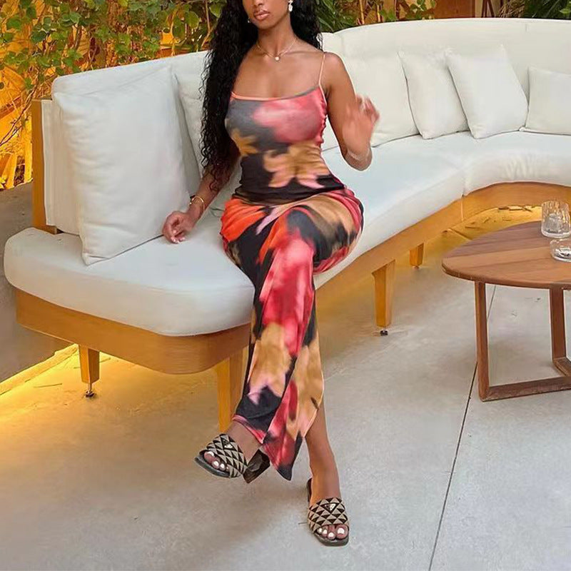 Damen lässiges Maxikleid mit schmalen Trägern und floralem Design R&B
