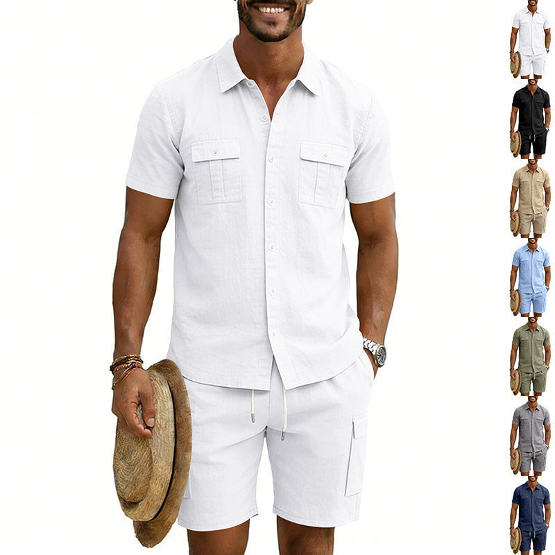Herren nan sommerliches Freizeitset aus Baumwoll-Leinenmix mit Kurzarm-Hemd und Cargo-Shorts R&B