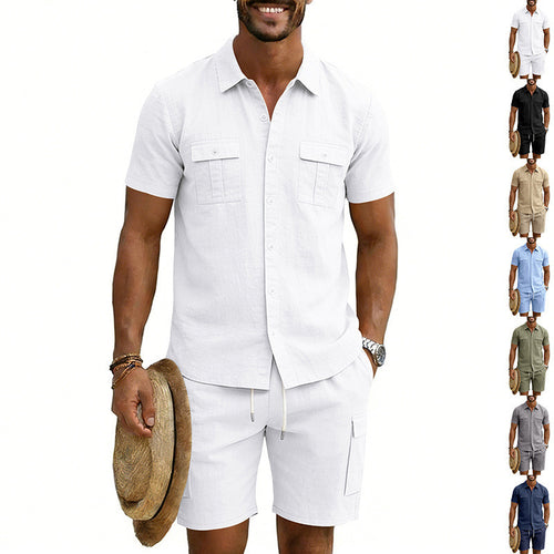 Herren nan sommerliches Freizeitset aus Baumwoll-Leinenmix mit Kurzarm-Hemd und Cargo-Shorts R&B