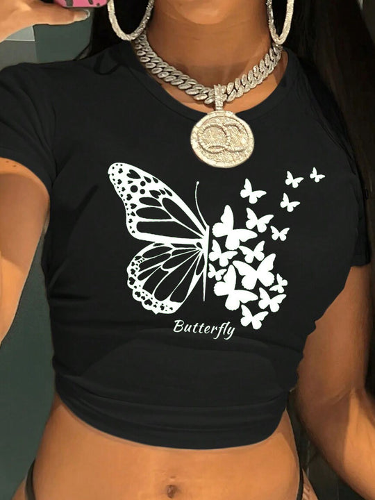 Damen figurbetontes Kurzarm-T-Shirt mit verspieltem Aufdruck R&B