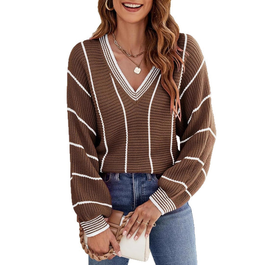 Damen Strickpullover mit V-Ausschnitt und lässigem Streifenmuster R&B