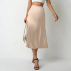 Damen eleganter Satin-Midirock mit fließendem Schnitt und hohem Bund R&B