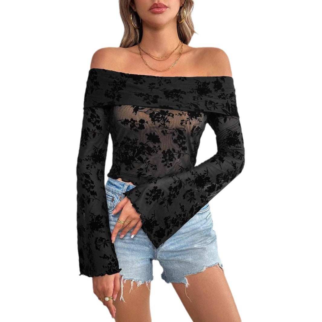 Damen Off-Shoulder Oberteil mit transparentem floralem Design und ausgestellten Ärmeln R&B