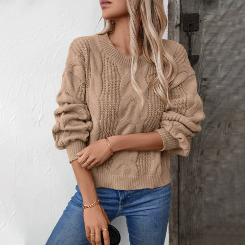Damen grob gestrickter Pullover mit voluminösen Ärmeln und Zopfmuster R&B