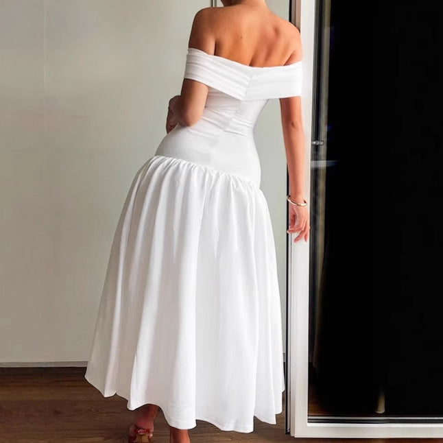 Damen Hochwertiges Off-Shoulder Maxikleid mit tailliertem Schnitt und fließendem Rock R&B
