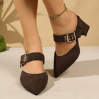 Damen geschlossene Mules mit Blockabsatz und einem eleganten Riemen R&B